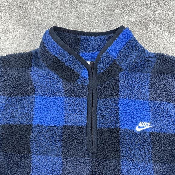 Nike Pullover Jacket Mens XL Buffalo Plaid Fleece Sherpa Blue Black 1/2 Zip - Picture 3 of 11